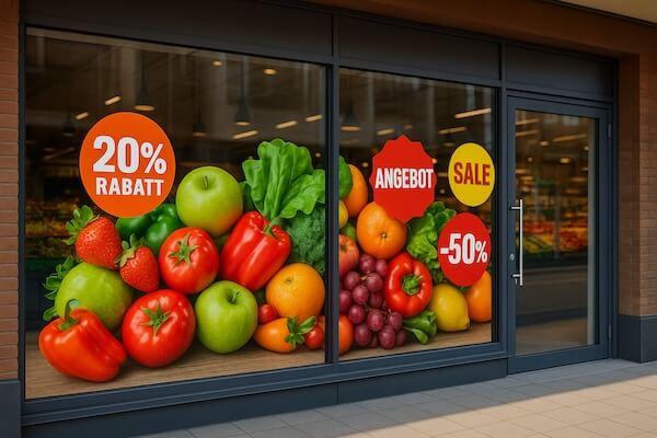 Mit Klebeschrift im Schaufenster auf Öffnungszeiten hinweisen oder Aktionen bewerben